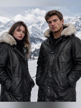 VTG Golet Black Leather Coat FurTrim Unisex apres ski winter